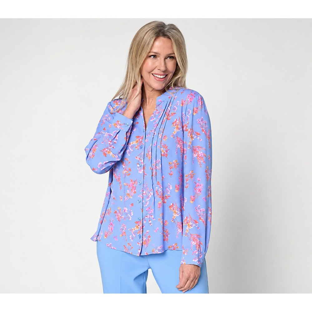 Joan Rivers Pintuck Split V Button-Front Georgette Blouse Periwinkle, Large